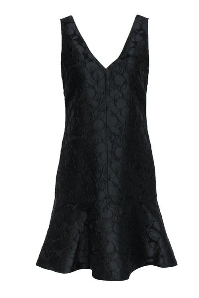 V-neck Floral Print Shift Sleeveless Embroidered Hidden Back Zipper Little Black Dress