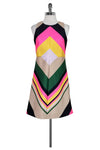 Petite A-line Polyester Round Neck Chevron Print Back Zipper Keyhole Sleeveless Dress