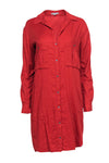 Collared Shift Button Front Pocketed Long Sleeves Shirt Dress