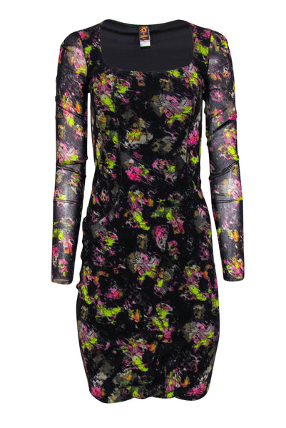 Cocktail Polyamide Long Sleeves Mesh Scoop Neck Floral Print Bodycon Dress/Party Dress