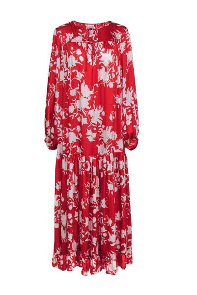 Floral Print Silk Long Sleeves Round Neck Button Closure Shift Maxi Dress With Ruffles