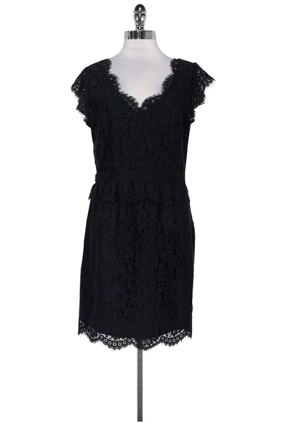 V-neck Cap Sleeves Lace Trim Keyhole Hidden Side Zipper Above the Knee Dress