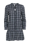 Shift Round Neck Short Button Front Long Sleeves Plaid Print Cotton Dress With Ruffles