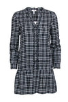 Round Neck Short Shift Long Sleeves Cotton Plaid Print Button Front Dress With Ruffles