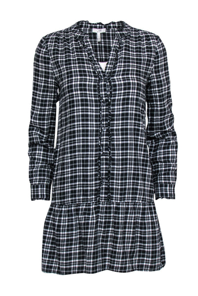 Round Neck Short Button Front Long Sleeves Cotton Shift Plaid Print Dress With Ruffles