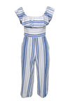 Scoop Neck Hidden Side Zipper Pocketed Striped Print Cotton Sleeveless Jumpsuit With Ruffles