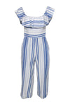 Hidden Side Zipper Pocketed Scoop Neck Sleeveless Cotton Striped Print Jumpsuit With Ruffles