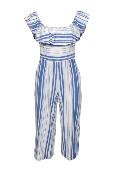 Scoop Neck Striped Print Sleeveless Pocketed Hidden Side Zipper Cotton Jumpsuit With Ruffles
