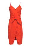 V-neck Belted Asymmetric Button Closure Tie Waist Waistline Sleeveless Spaghetti Strap Midi Dress