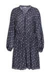 Long Sleeves Button Front Floral Print Round Neck Shift Elasticized Waistline Dress