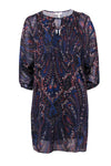 V-neck Long Sleeves Sheer Paisley Print Silk Short Shift Peasant Dress