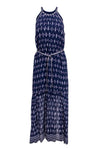 General Print Belted Hidden Side Zipper Silk Halter High-Neck Tie Waist Waistline Maxi Dress