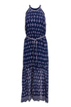 General Print Silk Belted Hidden Side Zipper Halter High-Neck Tie Waist Waistline Maxi Dress