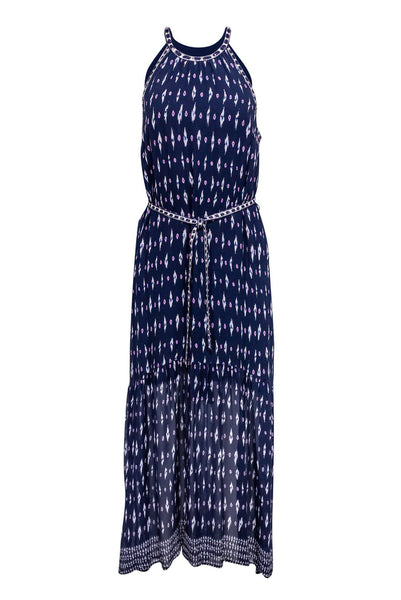 Halter High-Neck Silk Tie Waist Waistline Belted Hidden Side Zipper General Print Maxi Dress