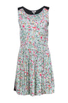 Scoop Neck Denim Floral Print Elasticized Waistline Pleated Dress