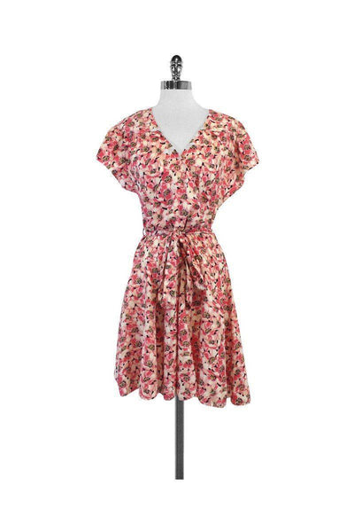 V-neck Side Zipper Silk Tie Waist Waistline Cap Sleeves Floral Print Dress