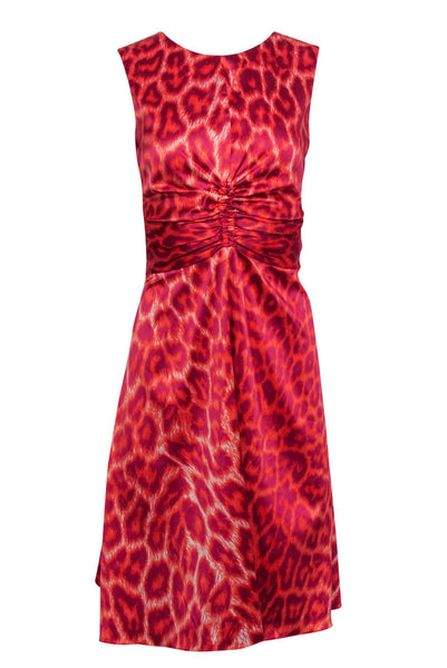Animal Leopard Print Silk Cutout Ruched Hidden Back Zipper Round Neck Sleeveless Midi Dress
