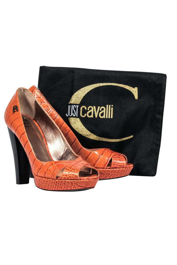 taart Lao Groet Just Cavalli - Orange Croc Peep-Toe Pumps Sz 7.5 – Current Boutique