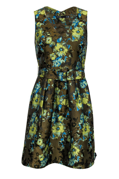 A-line V-neck Floral Print Belted Vintage Hidden Side Zipper Cocktail Sleeveless Party Dress