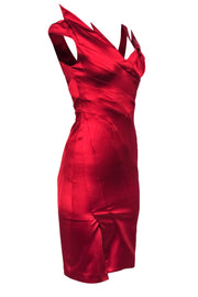 Current Boutique-Karen Millen - Red Satin Pleated Neckline Sheath Dress w/ Bow Accent Sz 4