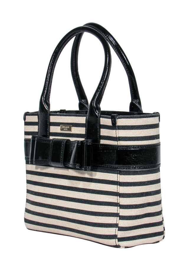 Kate Spade - Beige & Black Striped Tote w/ Patent Leather Bow & Trim –  Current Boutique