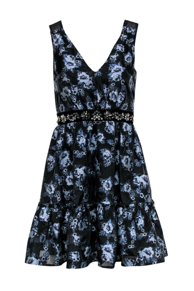A-line Cocktail Floral Print Plunging Neck Dress With Rhinestones