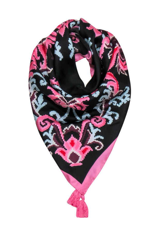 Kate Spade - Black, Pink & Blue Printed Silk Scarf w/ Tassels – Current  Boutique