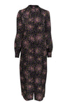 Belted Button Front Collared High-Neck Long Sleeves Polyester Polka Dots Print Maxi Dress With Ruffles