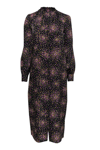 Polyester Long Sleeves Polka Dots Print Belted Button Front Collared High-Neck Maxi Dress With Ruffles