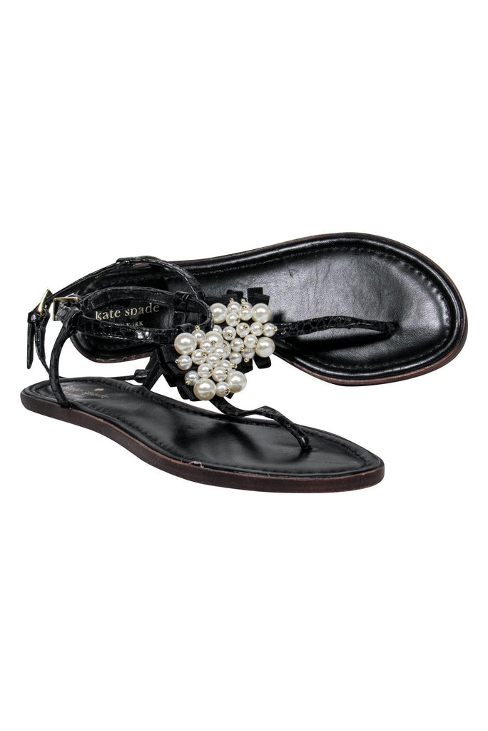 Kate Spade - Black Reptile Print Thong Sandals w/ Pearl & Bow Embellis –  Current Boutique