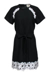 Round Neck Tie Waist Waistline Floral Print Belted Applique Shift Short Sleeves Sleeves Little Black Dress