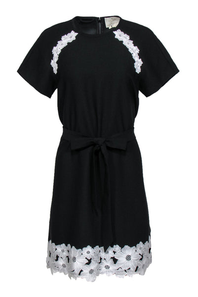 Round Neck Tie Waist Waistline Applique Belted Shift Floral Print Short Sleeves Sleeves Little Black Dress