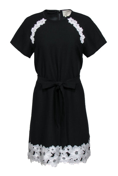 Floral Print Applique Belted Round Neck Short Sleeves Sleeves Tie Waist Waistline Shift Little Black Dress