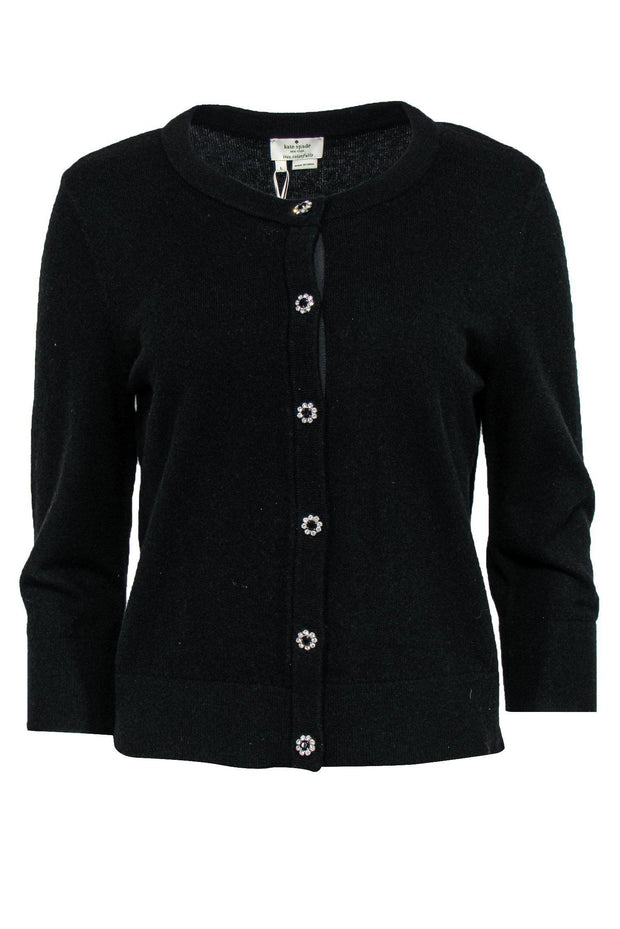 Kate Spade - Black Wool Blend Cardigan w/ Flower Rhinestone Buttons Sz –  Current Boutique