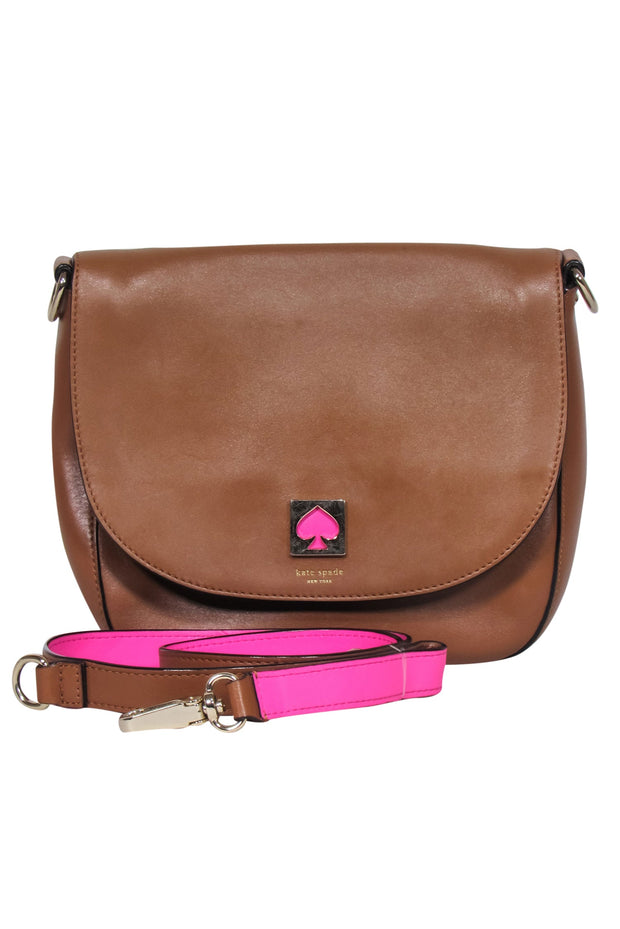 Kate Spade - Brown Leather Saddle Crossbody Bag w/ Pink Strap – Current  Boutique