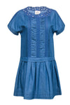 Round Neck Short Sleeves Sleeves Shift Lace Trim Pleated Dress