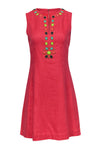 Linen Beaded Jeweled Flower(s) Notched Collar Dress