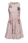 Hidden Back Zipper Embroidered Fitted Tiered Summer Floral Print Fit-and-Flare Sleeveless Polyester Round Neck Party Dress