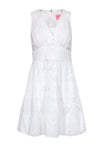 V-neck Embroidered Pocketed Floral Print Short Cotton Sleeveless Party Dress