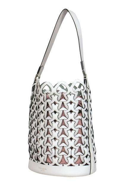 Kate Spade - White Leather Spade Woven Drawstring Bucket Bag – Current  Boutique