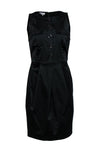 Round Neck Sheath Button Front Pleated Pocketed Sheath Dress