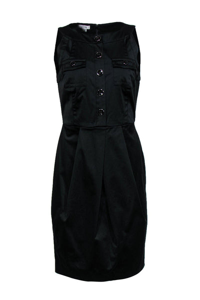 Round Neck Pocketed Pleated Button Front Sheath Sheath Dress