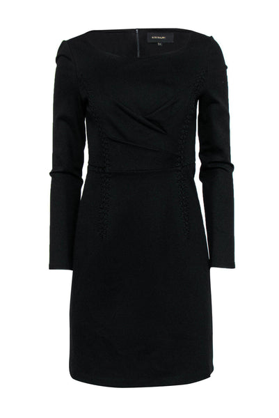 Lace-Up Pleated Cocktail Sheath Long Sleeves Round Neck Sheath Dress/Little Black Dress
