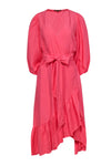 V-neck Puff Sleeves Sleeves Pocketed Wrap Flower(s) Bubble Dress Linen Dress