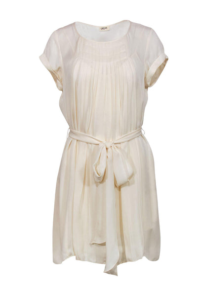 Shift Silk Short Sleeves Sleeves Round Neck Sheer Belted Pleated Slip Dress