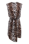 Silk Hidden Back Zipper Pleated Scoop Neck Animal Leopard Print Sleeveless Summer Dress