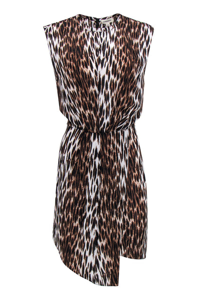 Animal Leopard Print Scoop Neck Silk Pleated Hidden Back Zipper Sleeveless Summer Dress