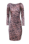 Scoop Neck Long Sleeves Slit Ruched Animal Snake Print Club Dress/Midi Dress