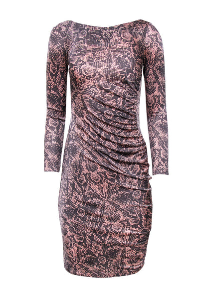 Scoop Neck Animal Snake Print Slit Ruched Long Sleeves Club Dress/Midi Dress