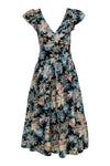 V-neck Hidden Back Zipper Cutout Flowy Floral Print Cotton Cap Sleeves Maxi Dress
